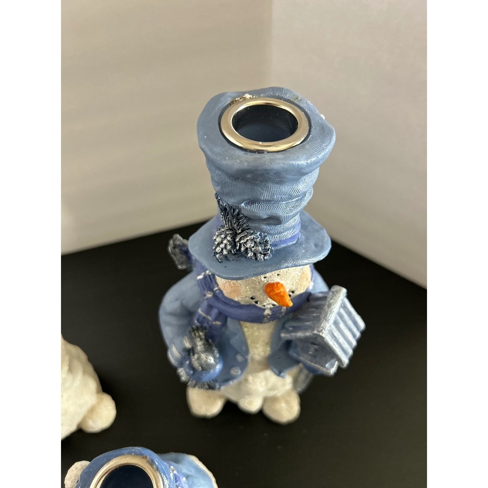 Candle Holder Set Christmas Blue Snowman Resin Taper Trio Collectible Decor New - Picture 6 of 7